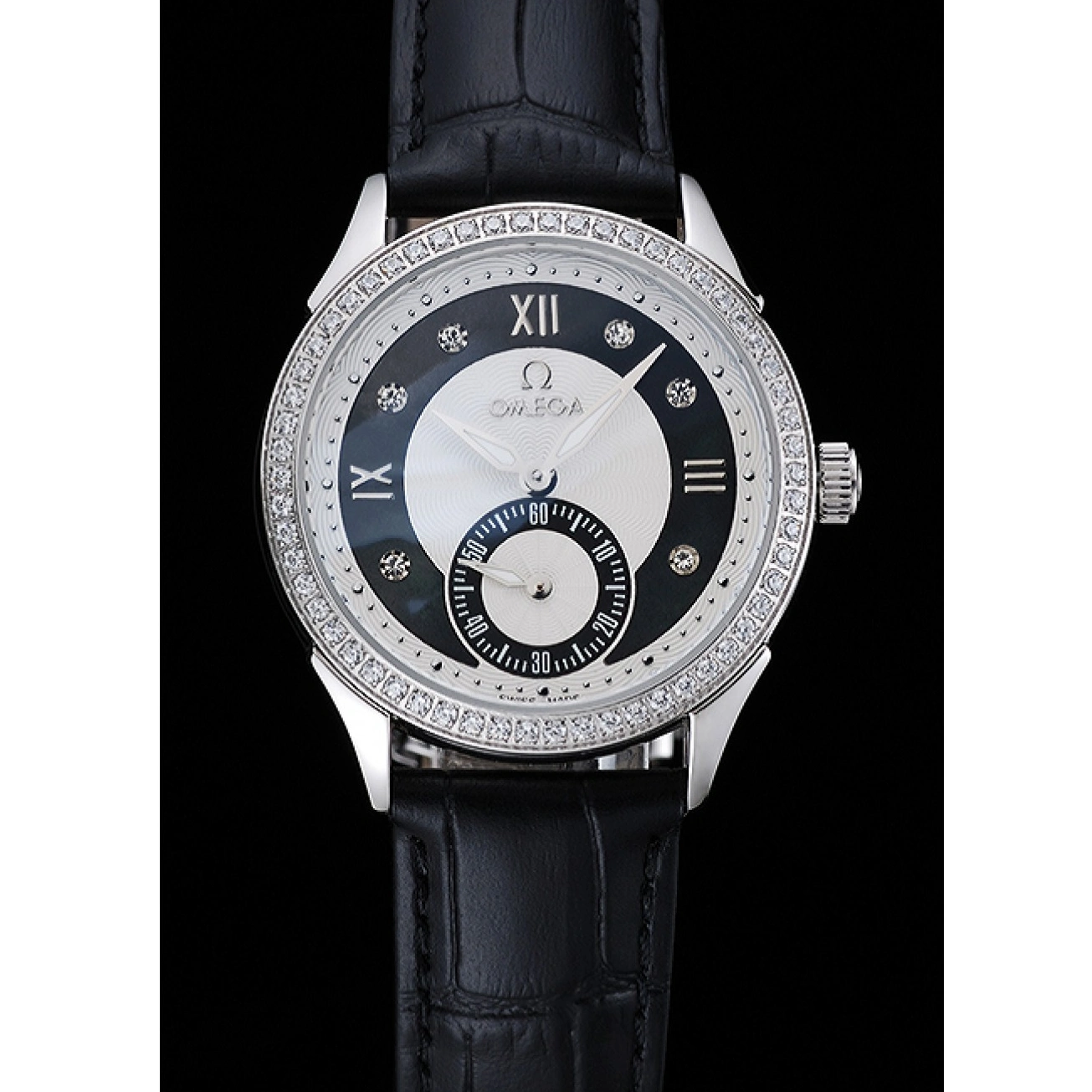 1029 Omega DeVille Prestige Black Dial Silver Diamond Case Black Leather Bracelet 1454120